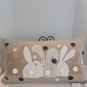 NWT Bunny Meadows Tan Cream Cute Bunny Stripes Decorative Cotton Feather Pillow